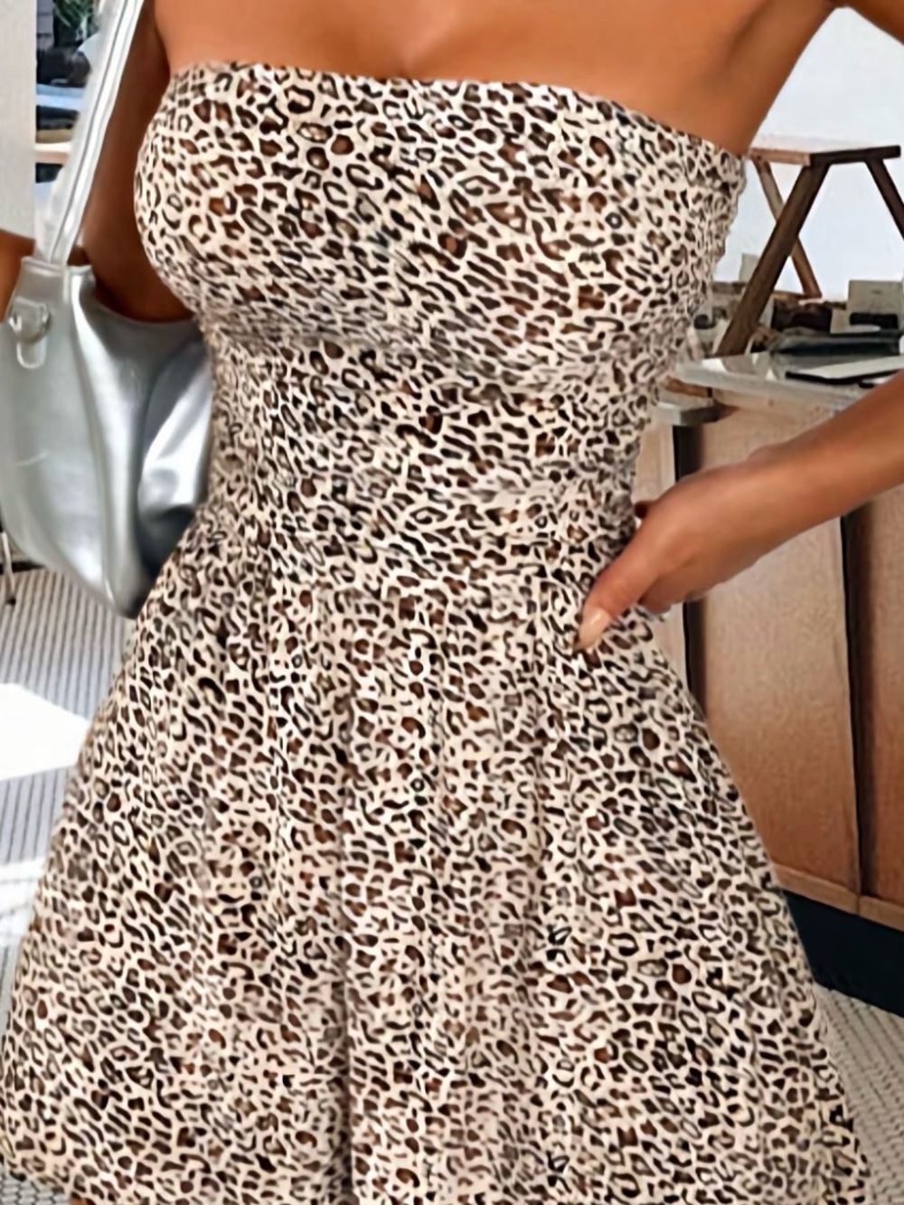 Strapless Leopard Print Romper in Beige